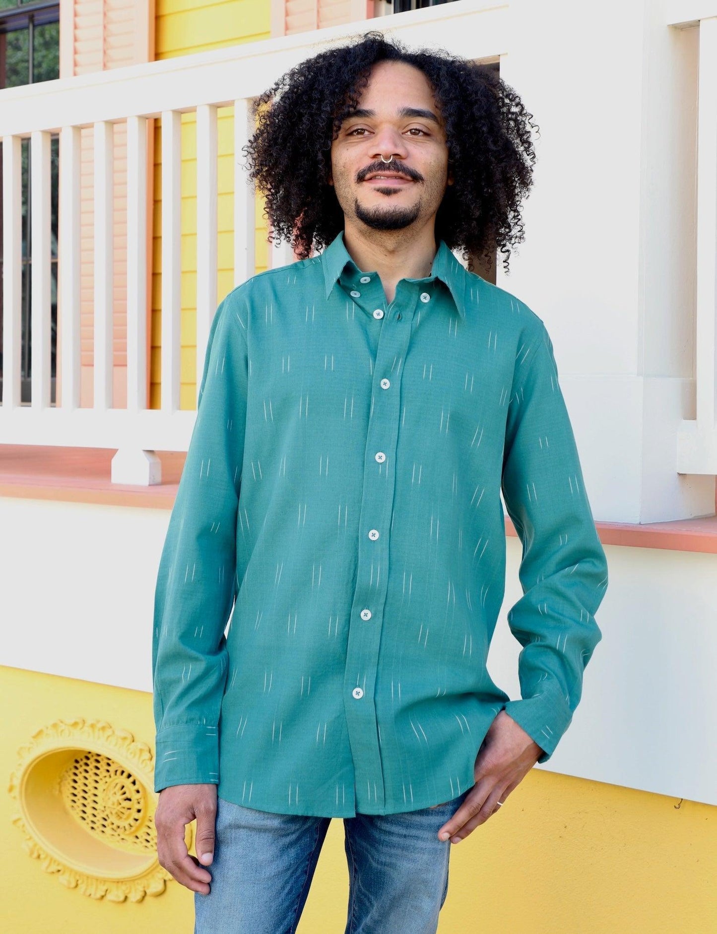 Turquoise Ikat Men's Organic Cotton Button Down Shirt - Pre-Order