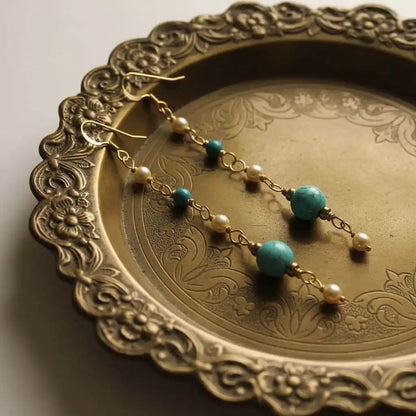 Long 14 K Gold Filled Turquoise Pearl Earrings
