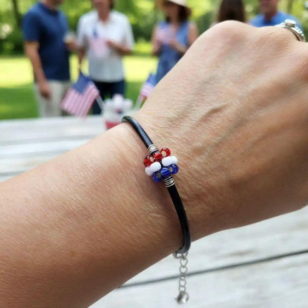 Patriotic Red White Blue Beaded Bead Leather Bracelet