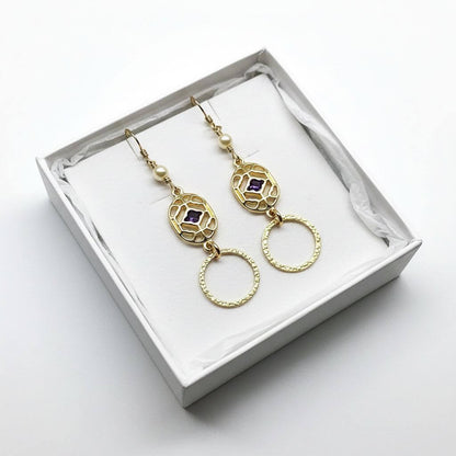 14 K Gold Filled Purple Crystal Circle Filigree Earrings