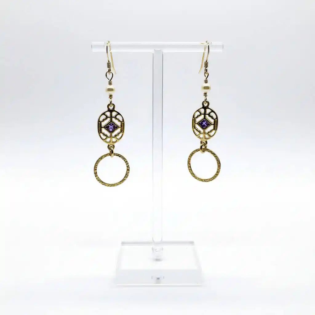 14 K Gold Filled Purple Crystal Circle Filigree Earrings