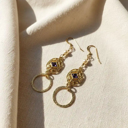 14 K Gold Filled Purple Crystal Circle Filigree Earrings