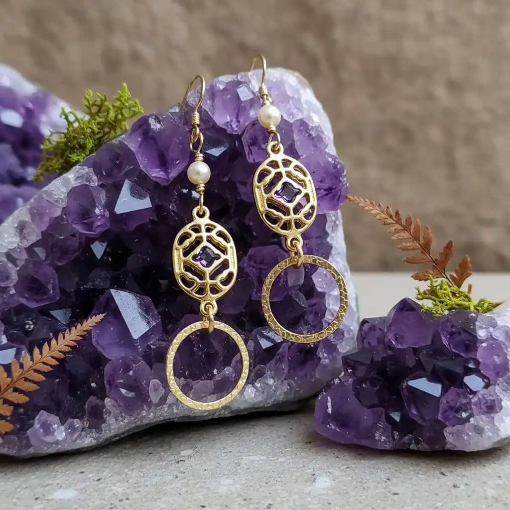 14 K Gold Filled Purple Crystal Circle Filigree Earrings