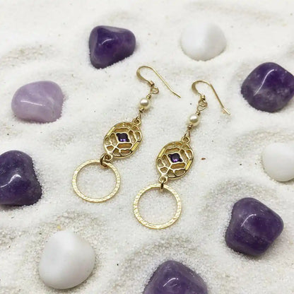 14 K Gold Filled Purple Crystal Circle Filigree Earrings